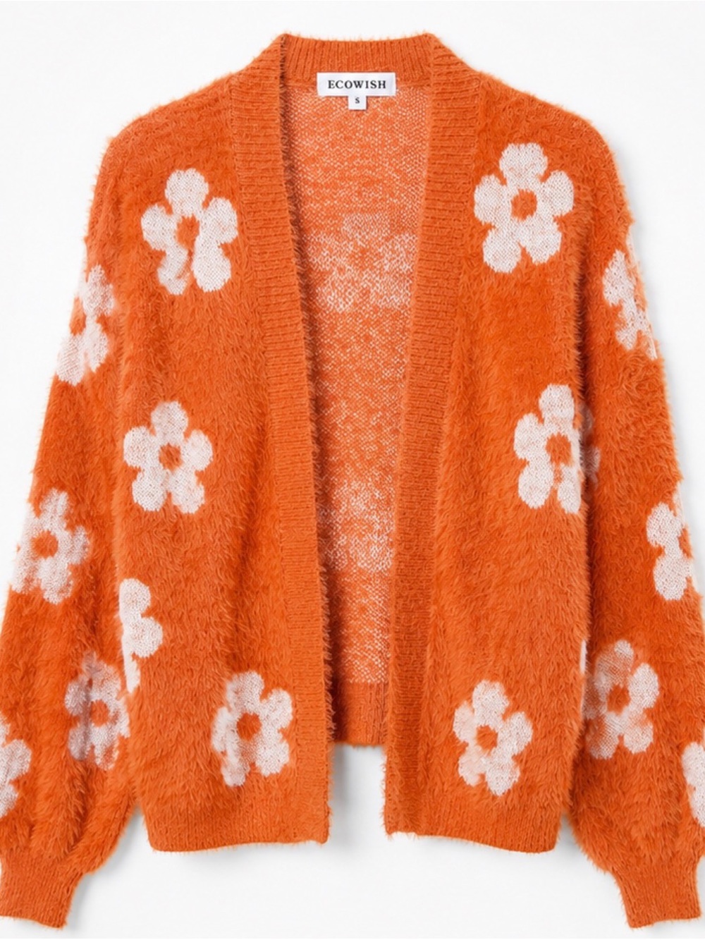 Fuzzy Daisy Cardigan Floral Sweater Orange Size Small